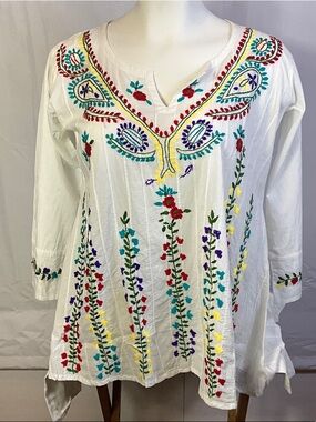 Raj Boho White Blouse with Multicolor Floral Embroidery Size XL